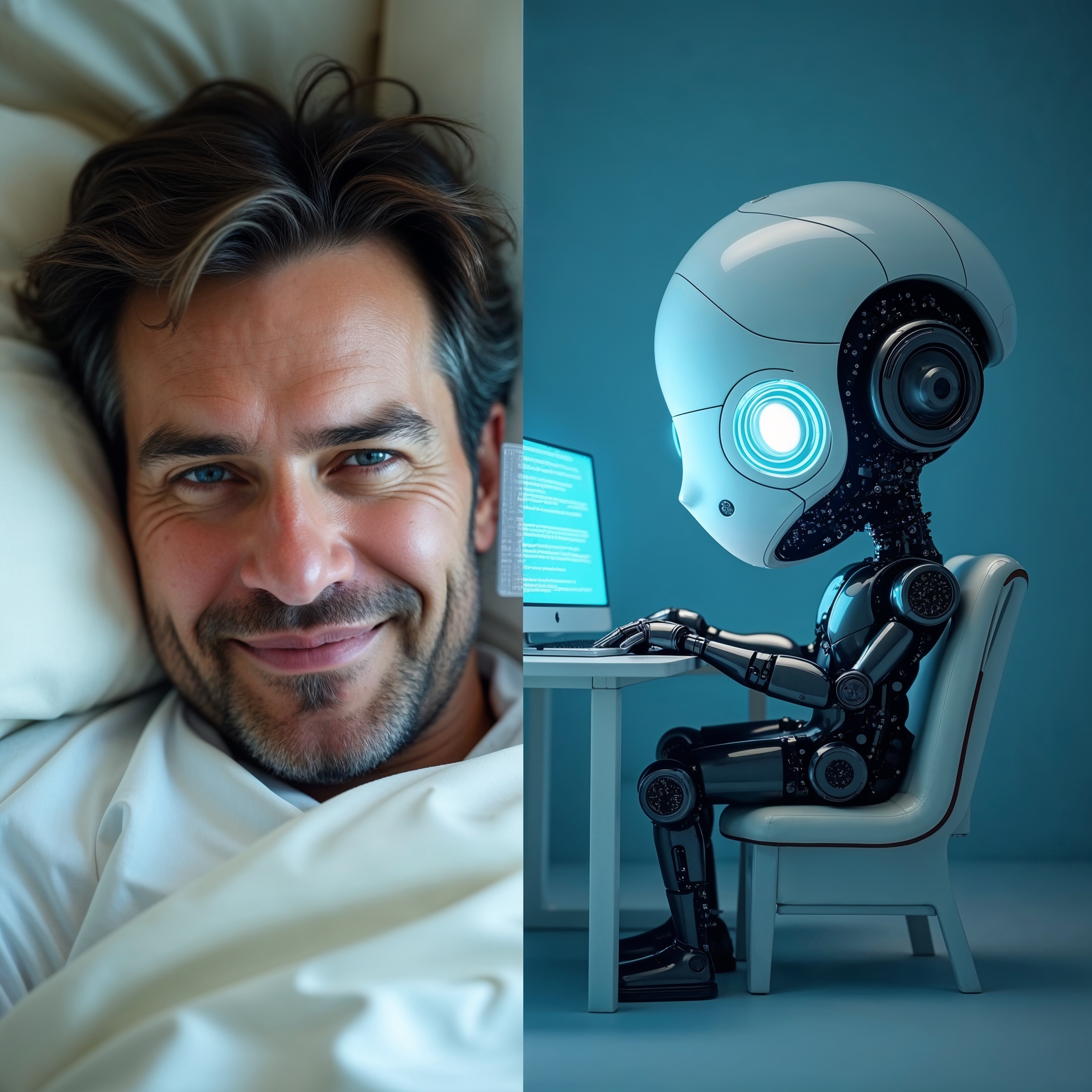 Man pretends to sleep while ai bot works at desk